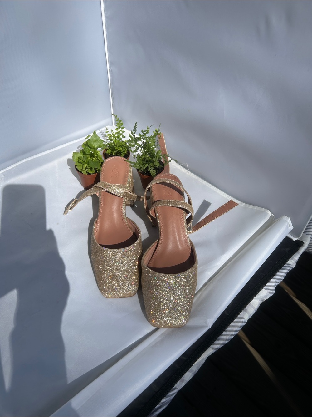 ASOd design Women's Gold Glitter Square-Toe Ankle-Strap Heels